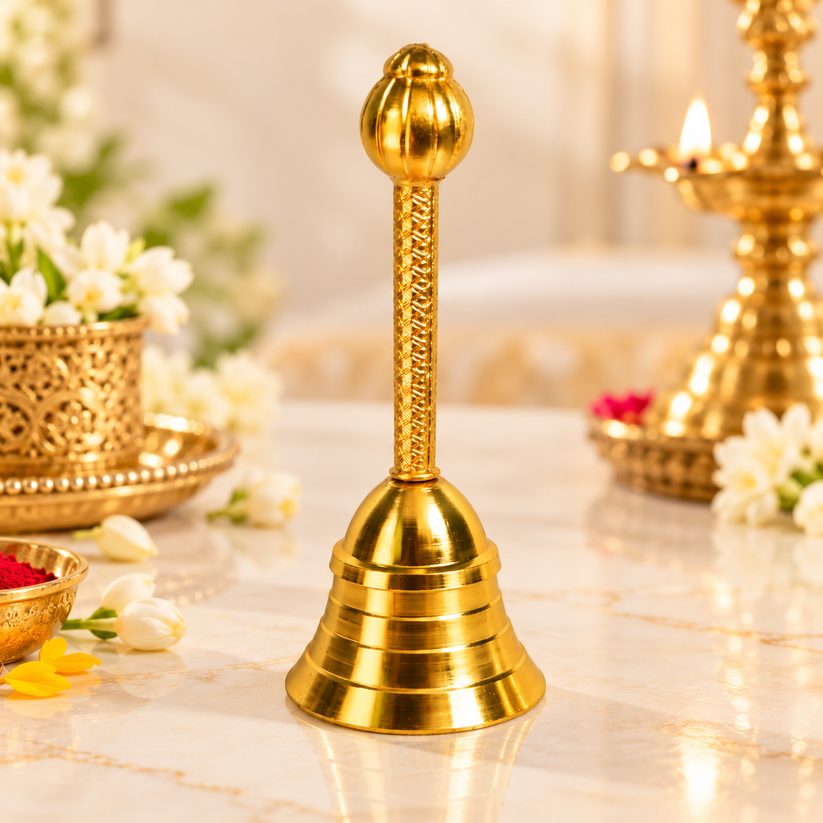 Premium golden brass pooja bell for home temple, daily aarti and Hindu religious rituals