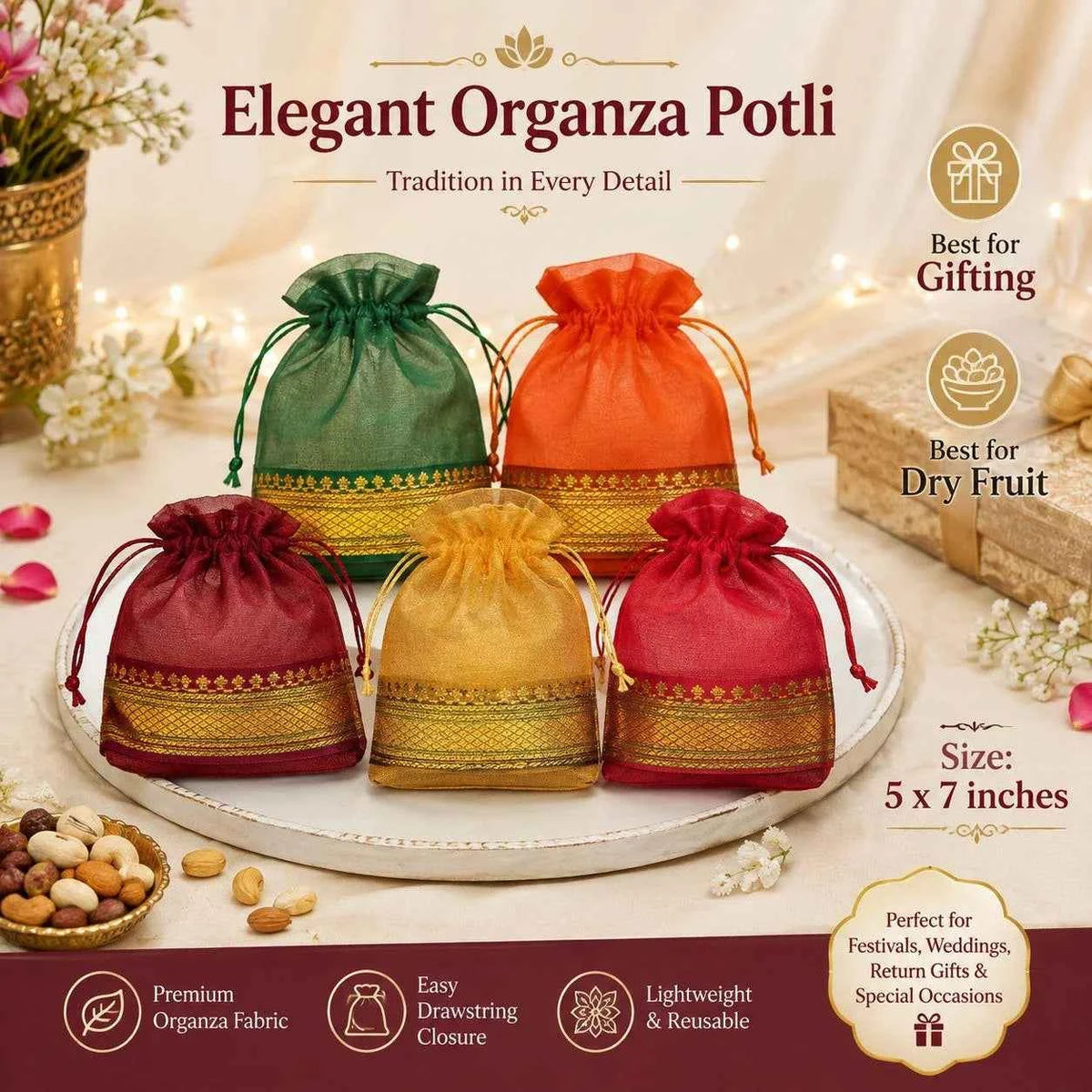 Premium Organza Potli Bags 5x7 Inch with Golden Border | Wedding & Return Gift Bags ( pack of 10 )