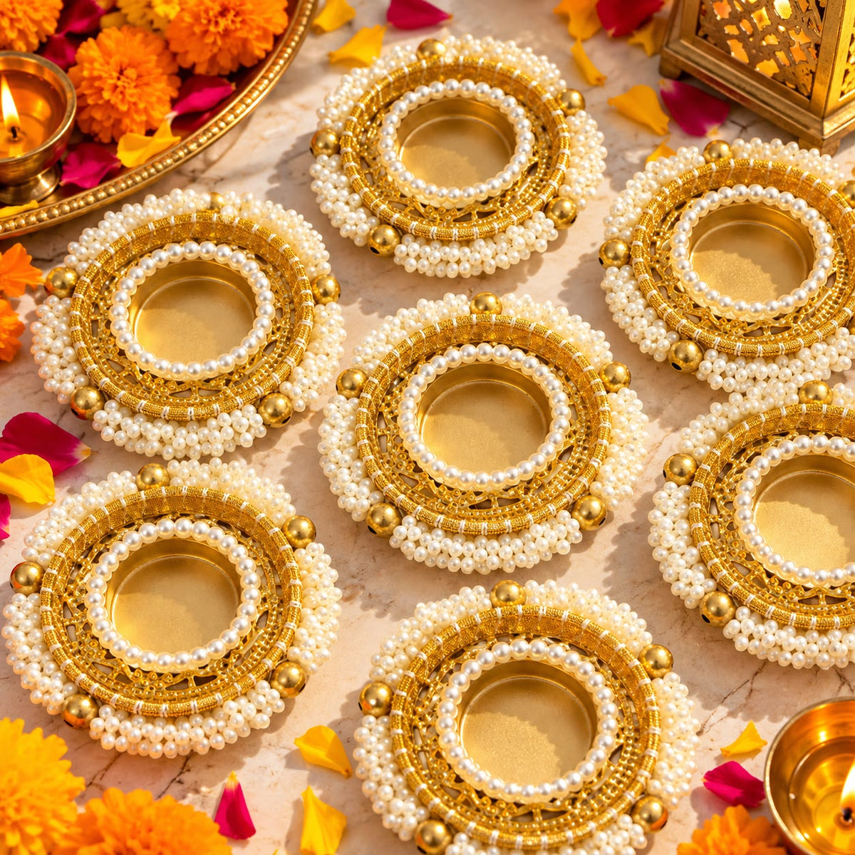 Premium pearl gold diya set with decorative bead work for Diwali decoration and pooja