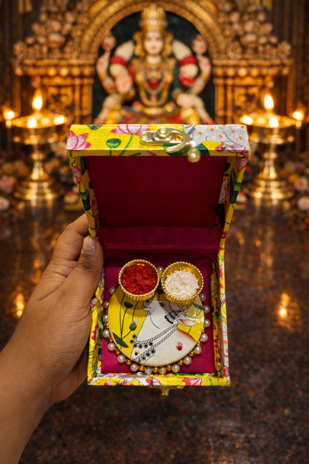 Premium Pichwai roli chawal thali with kumkum bowls and gift box for pooja rituals