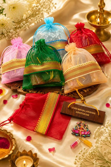 Varalakshmi Festival Hamper | Banarasi Organza Potli, Mahalakshmi Ashtakam Book & Lakshmi Haldi Kumkum Gift Set | Premium Varalakshmi Vrat Gift Set