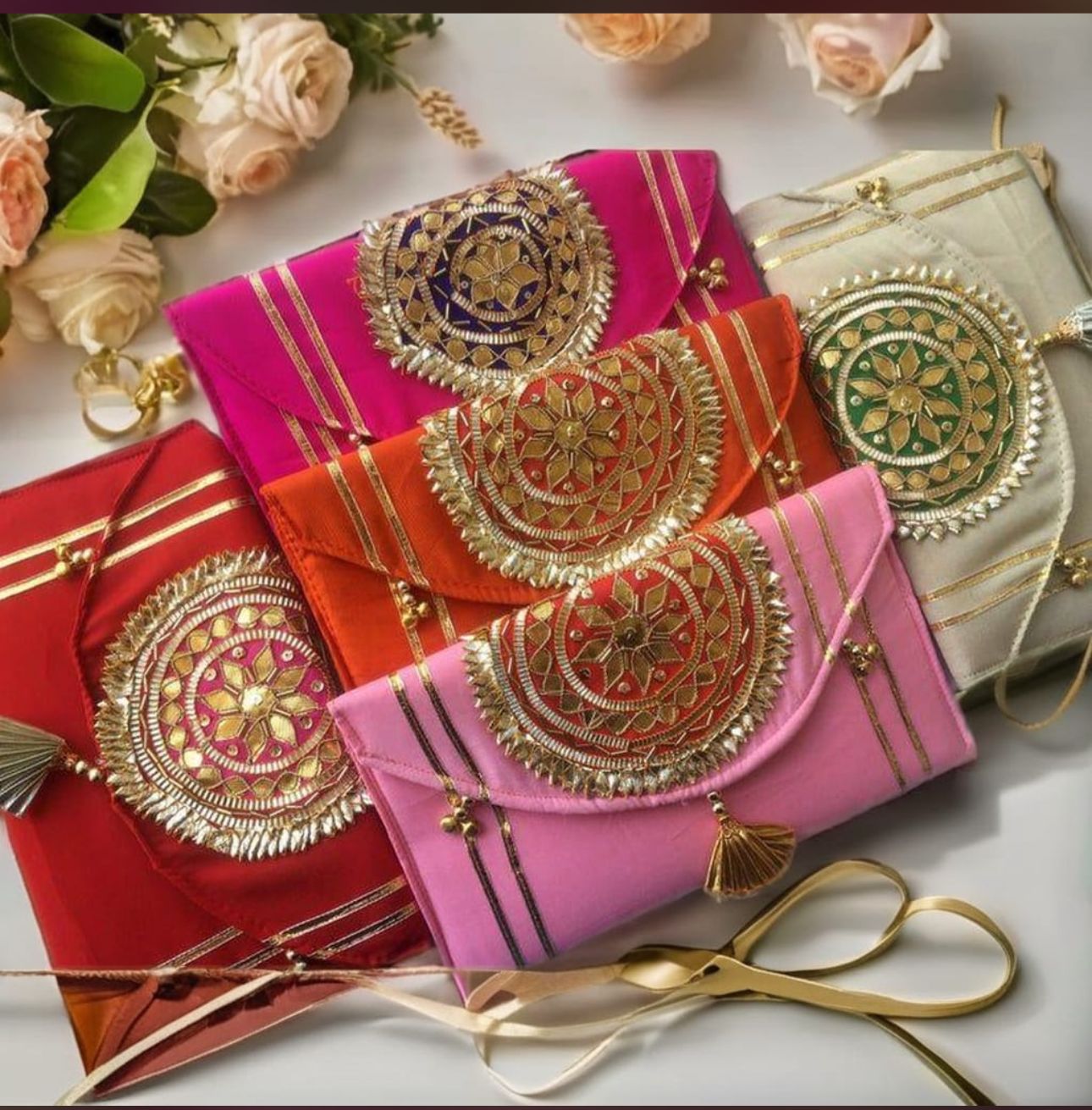 Traditional silk money envelope with golden zari work for Indian wedding and festival gift giving