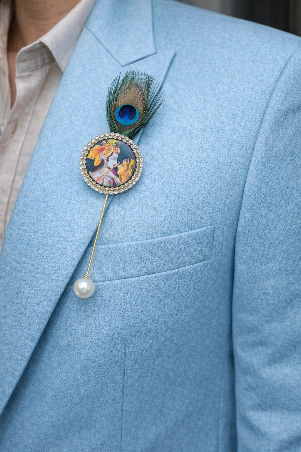 Radha Krishna lapel pin in gold finish for men