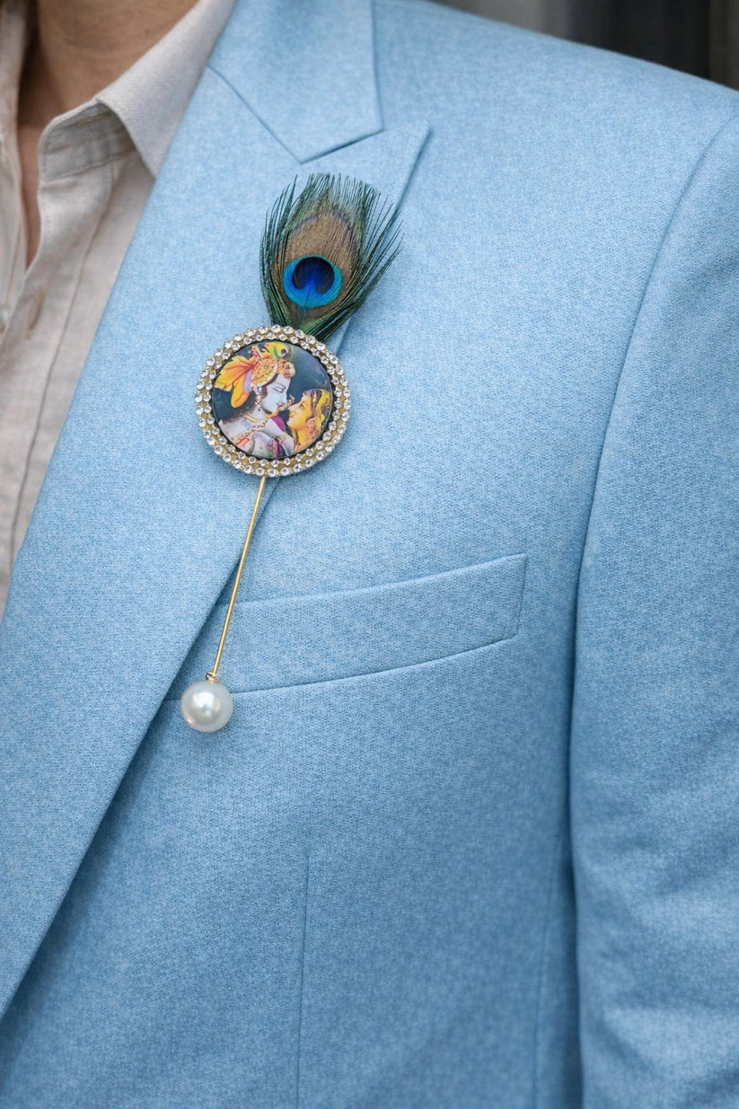 Radha Krishna lapel pin in gold finish for men