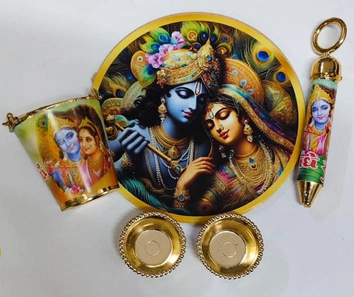 Radha Krishna small balti pichkari and plate set for Holi gifting and decoration