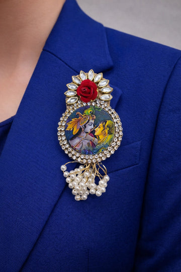 Radha Krishna brooch with kundan stones and peacock feather design