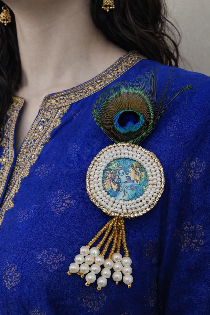 Radha Krishna morpank brooch with kundan detailing for kurta and saree