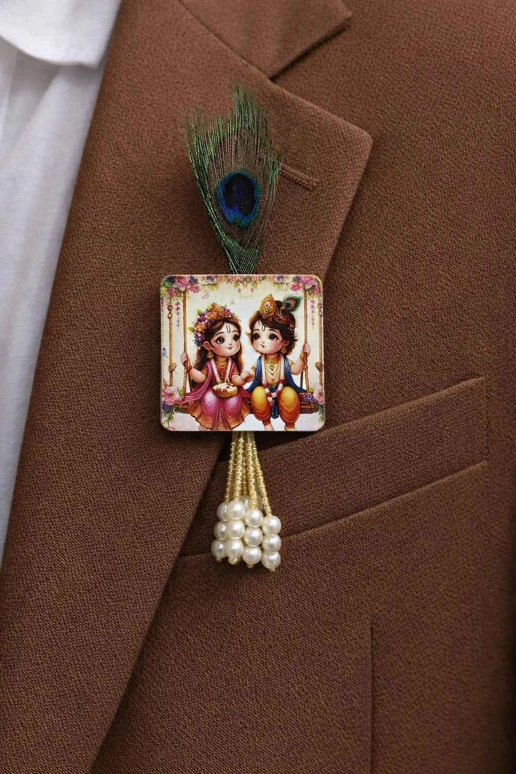 Peacock Feather Radha Krishna Pearl Brooch for Traditional Wear