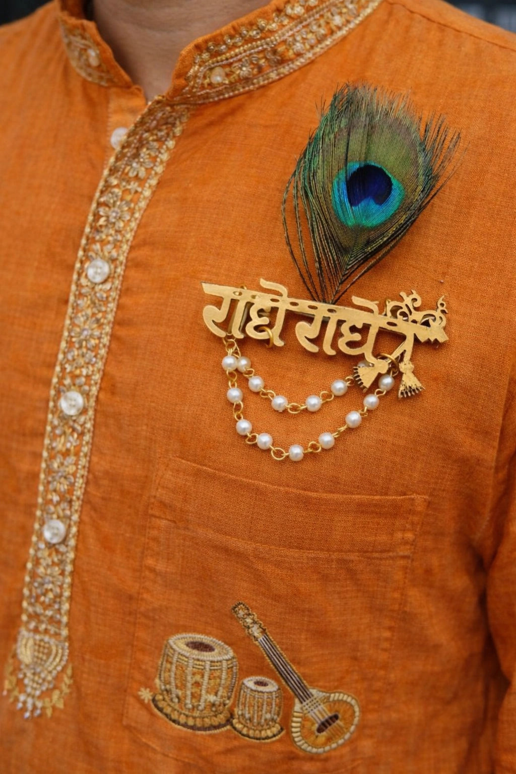 Radhe Radhe designer brooch with premium gold finish for ethnic wear