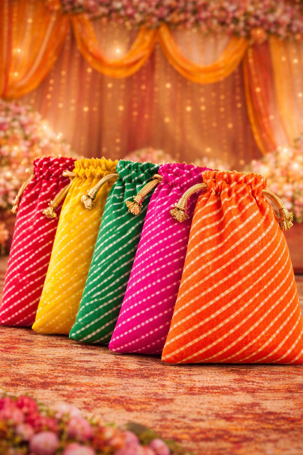 Colorful Rajasthani Lehriya potli bag with traditional tie-dye pattern for weddings, mehendi, haldi, and festive gifting.