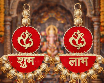 Red and gold Shubh Labh wall hanging with Lord Ganesh design for main door entrance decoration