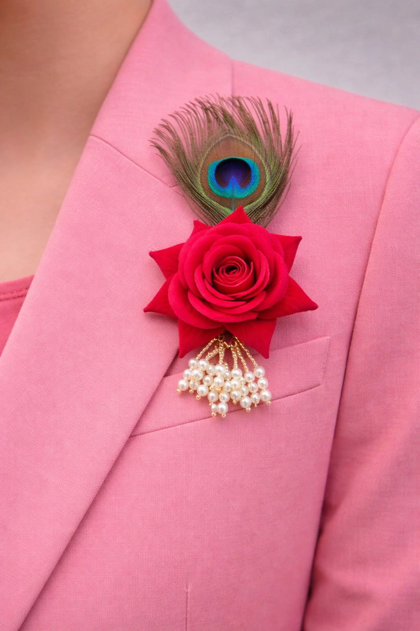 Red Rose Morpankh Brooch with golden finish for men blazer