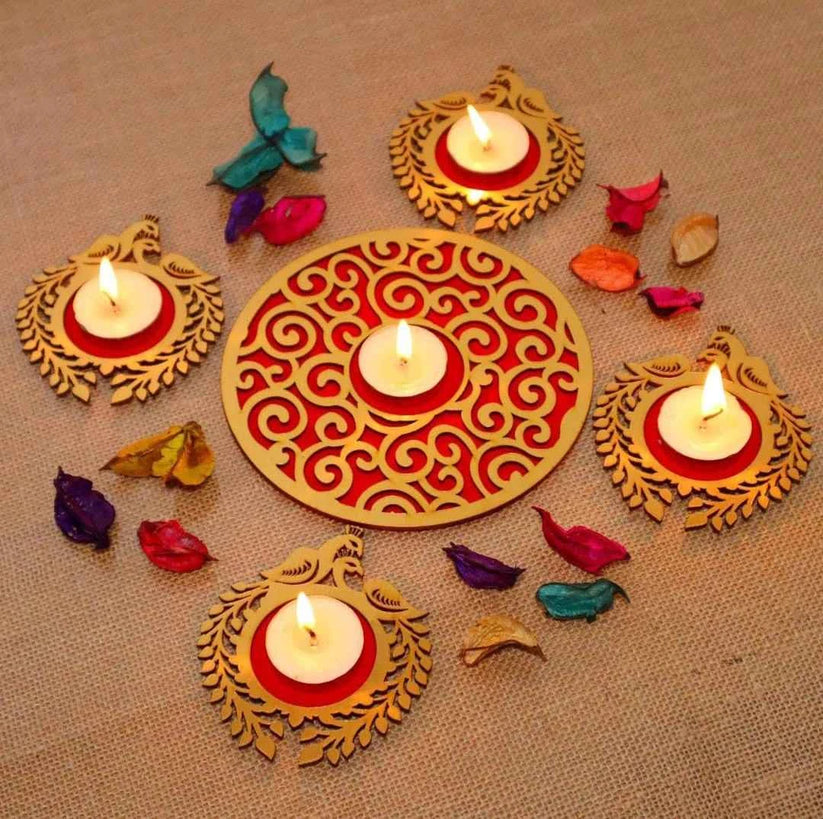 Red Velvet Base Golden Peacock Rangoli for Festive Home Decor