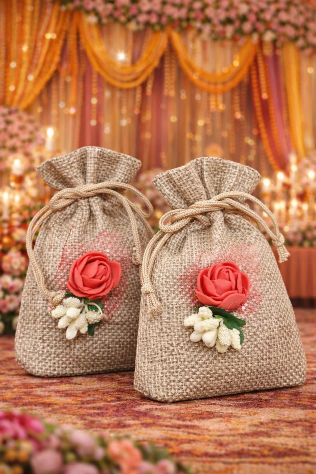 Reusable 4x6 jute bag with beautiful floral design, ideal for wedding return gifts and festive packaging