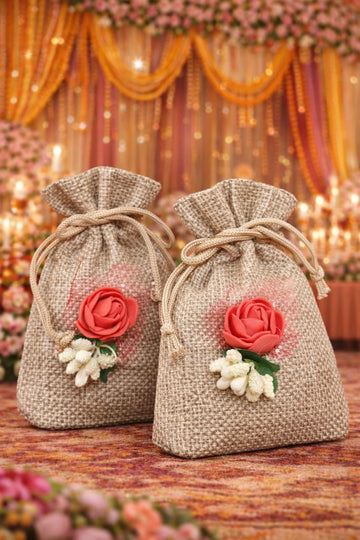 Reusable 4x6 jute bag with beautiful floral design, ideal for wedding return gifts and festive packaging