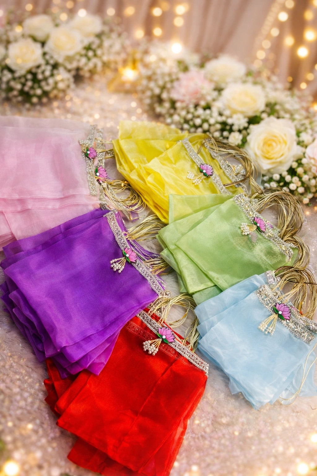 Elegant reusable organza gift bag with lotus charm, perfect for wedding favors, return gifts, pooja items, and festive gifting.
