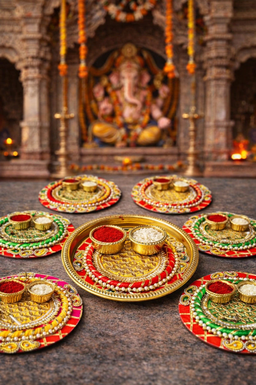 Traditional roli chawal platter used for puja rituals and Rakhi tilak ceremony