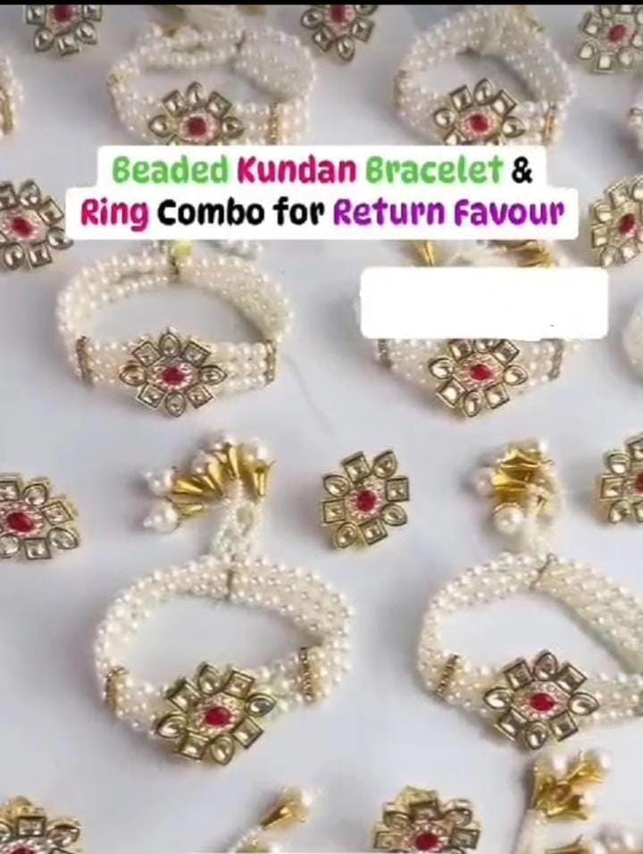 Handcrafted pearl and Kundan bracelet with matching ring set, stylish accessory for lehenga, saree and festive wear.