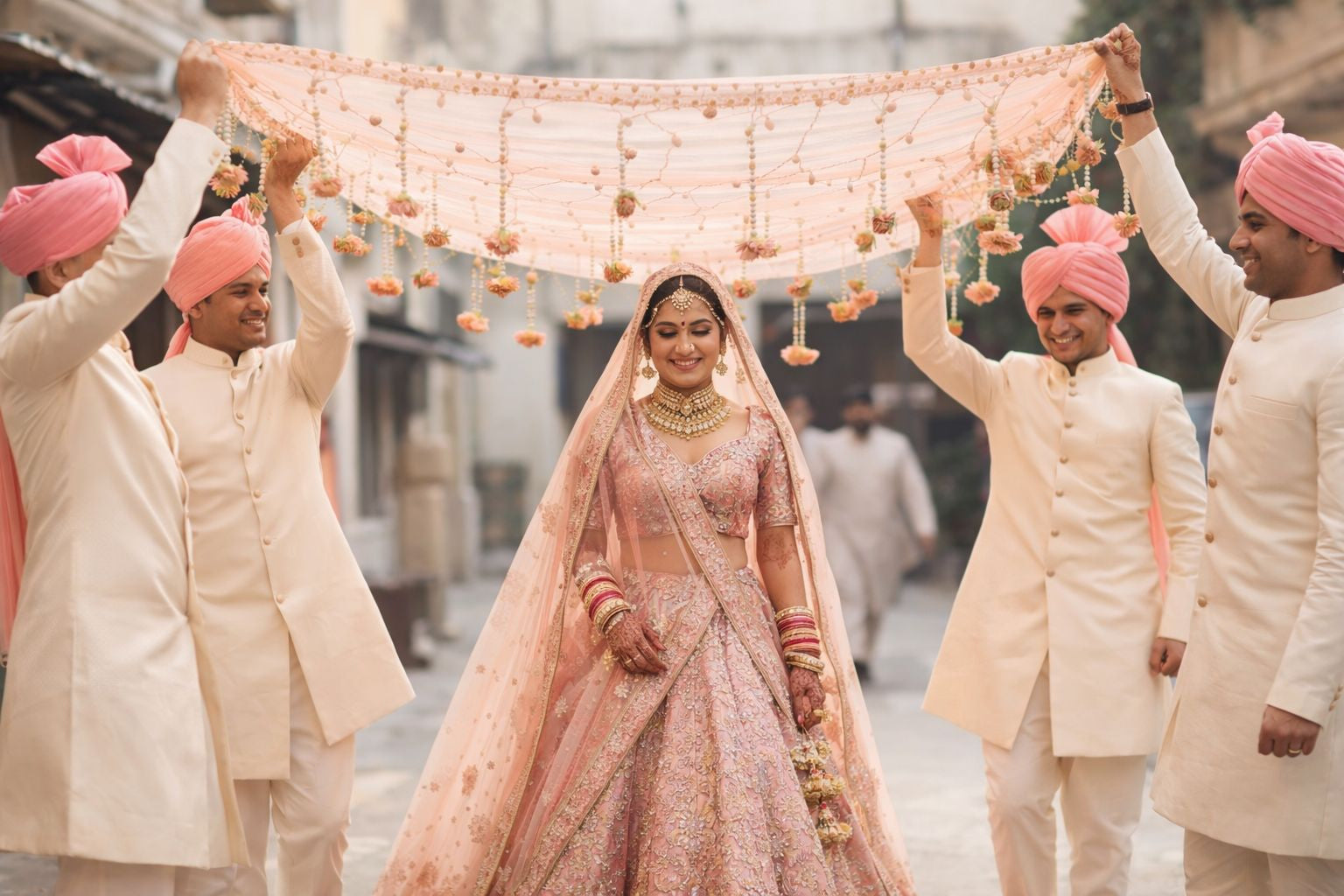 Royal peach phoolon ki chadar used for bride entry at Indian wedding ceremony