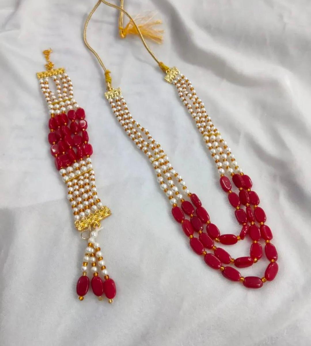 Royal pearl and red bead mala set for wedding and festive wear