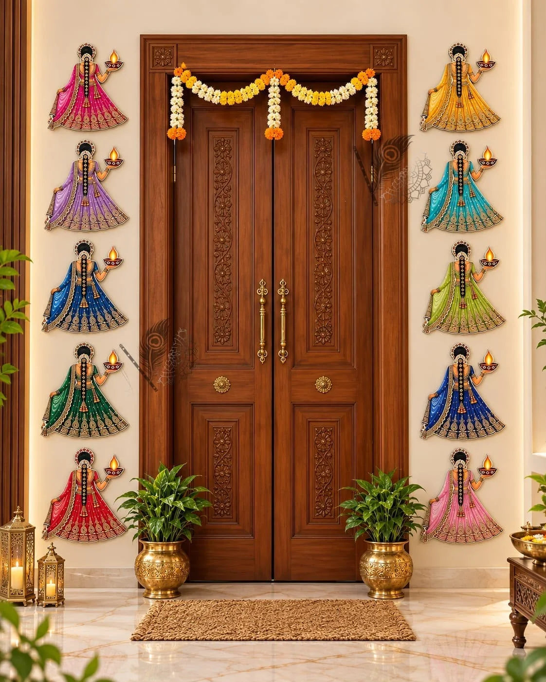 Set of 10 UV printed MDF Rangoli wall hangings featuring traditional Diya Girl designs for Diwali decoration.