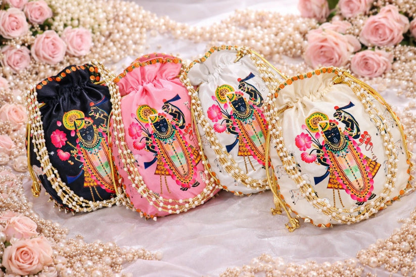 Traditional Shreenath Ji printed potli bag for wedding favors, pooja gifts and festive packaging