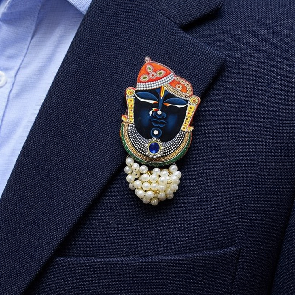 Gold plated Shreenathji brooch with kundan stones for men and women