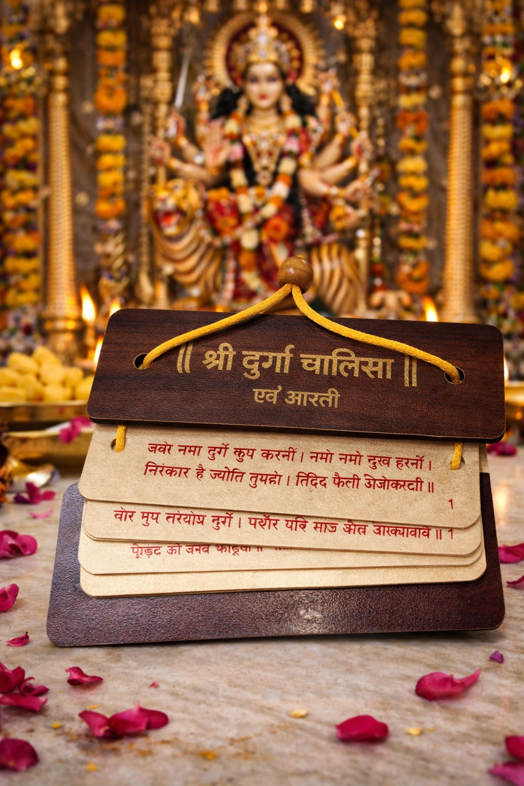 Wooden Shri Durga Chalisa and Aarti hanging prayer card for home temple