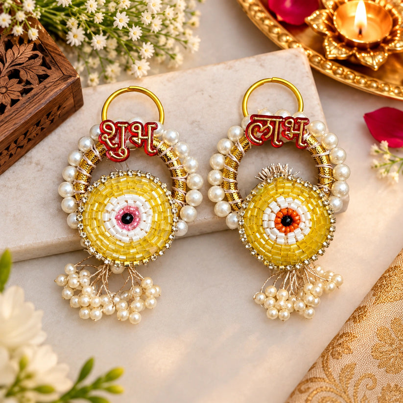 Shubh Labh beaded wall hanging pair with pearl and golden decoration for Diwali main door and pooja room