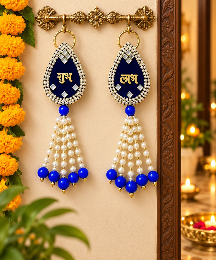 Shubh Labh blue door hanging pair with pearl and mirror work for Diwali decoration