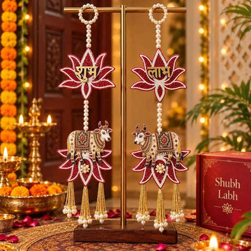 Shubh Labh Cow Wall Hanging Pair with Pearl Work for Diwali Home Decoration | Traditional Festive Door Decor