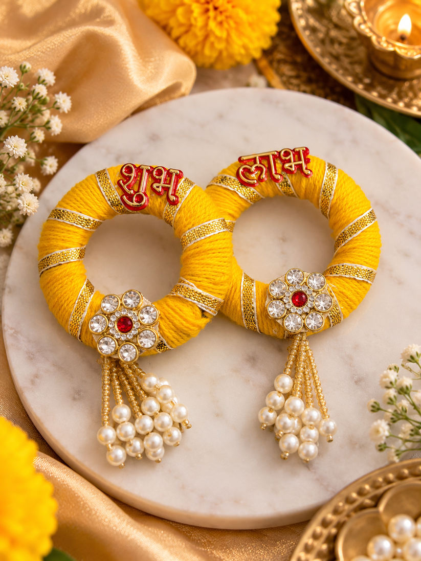 Shubh Labh designer door hanging pair with pearl tassels for Diwali and festive main door decoration