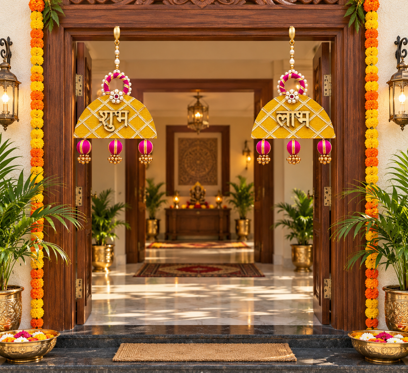 Designer Shubh Labh door hanging pair with golden traditional decoration for Diwali and pooja