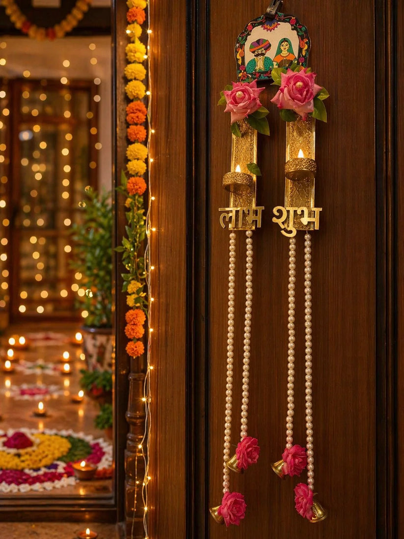 Shubh Labh door hanging with floral tea light holders and pearl tassels for Diwali home and main door decoration
