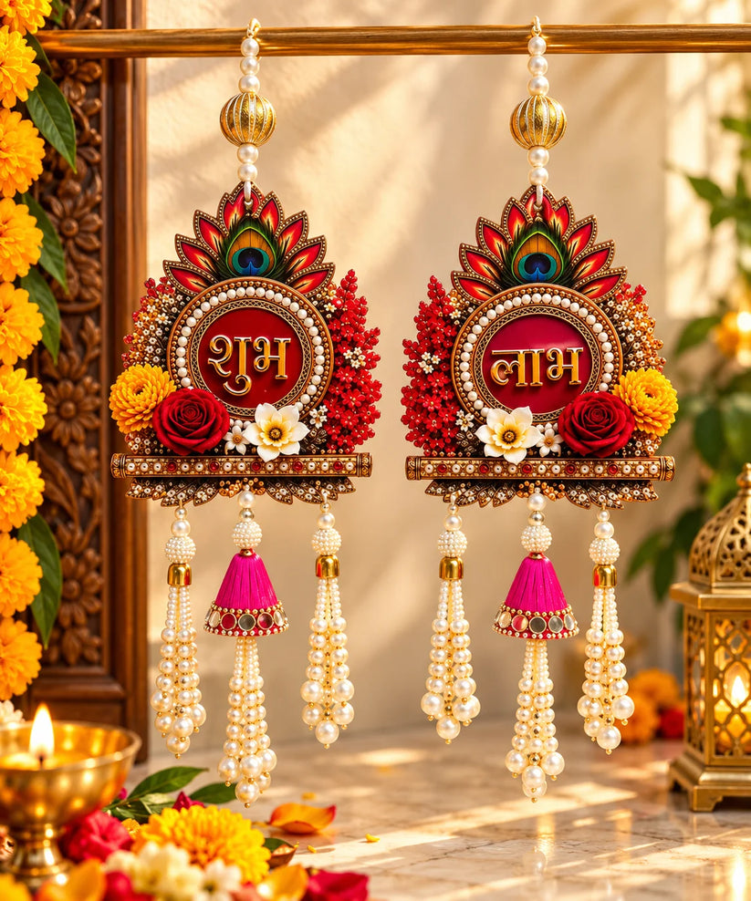 Shubh Labh floral hanging pair with pearl tassels for Diwali door and wall decoration