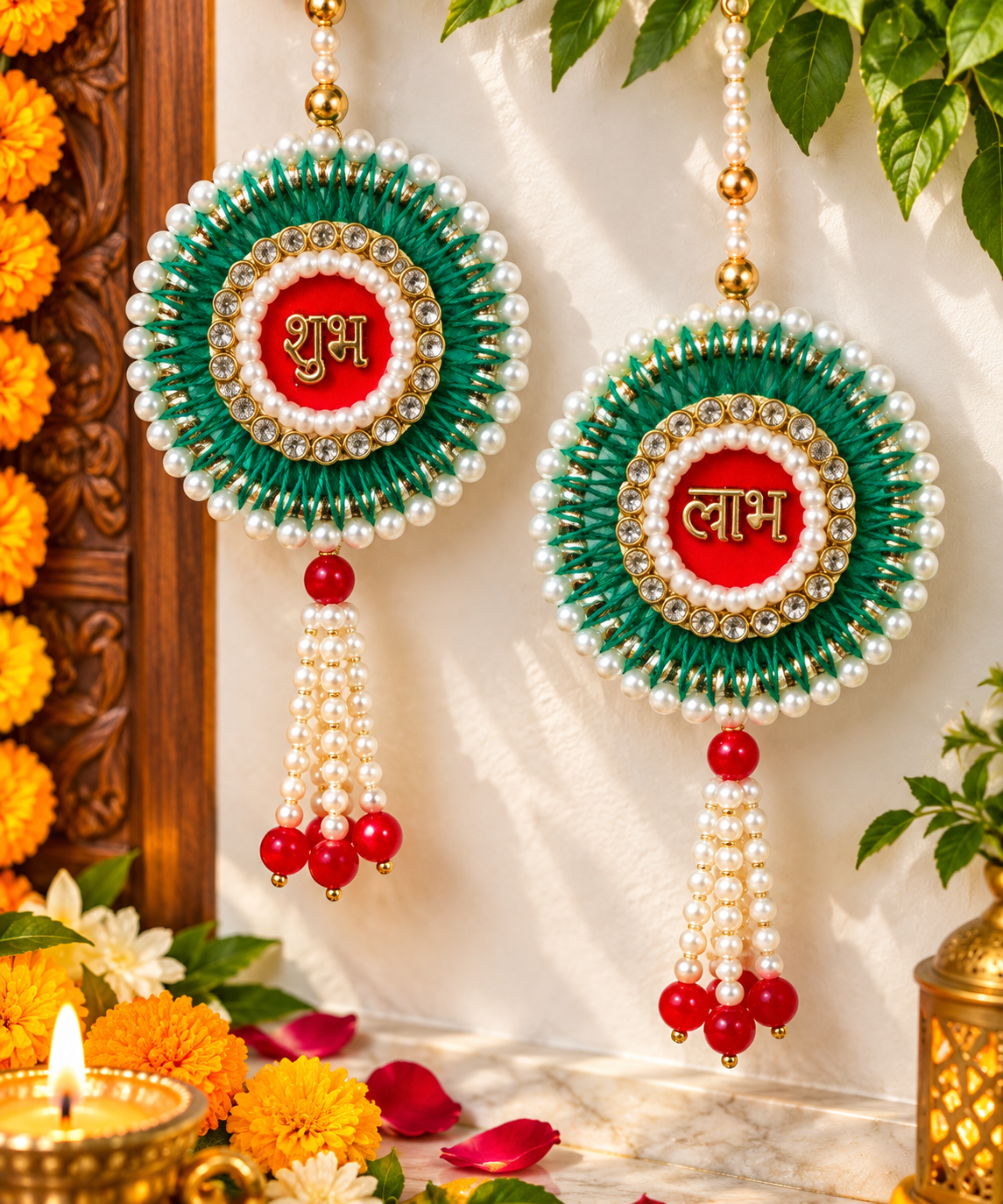 Shubh Labh green pearl hanging pair with beaded tassels for Diwali door and wall decoration