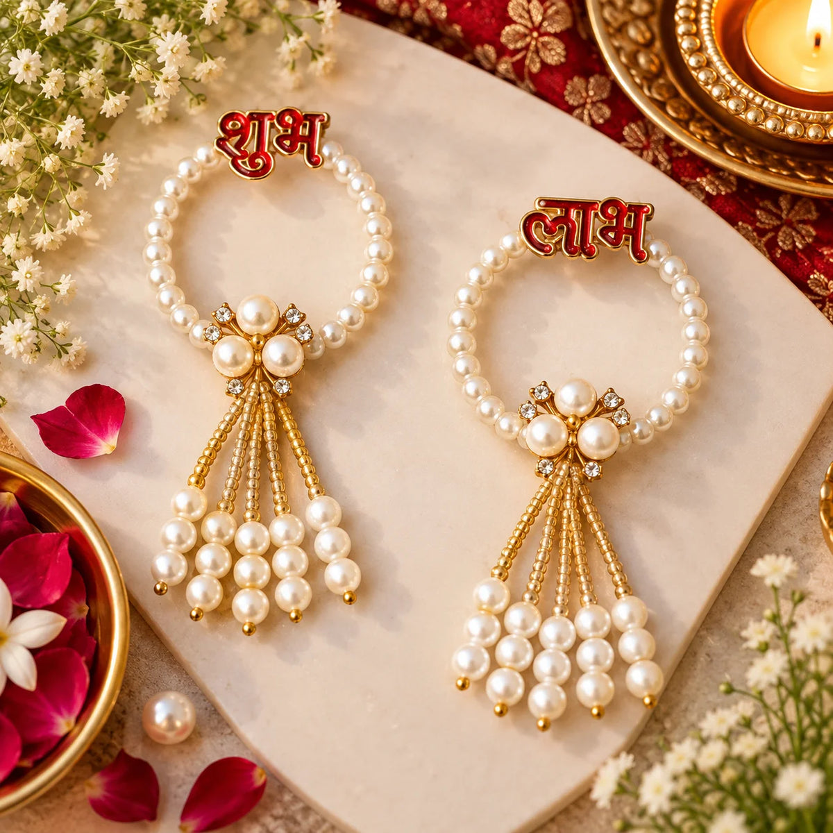 Shubh Labh pearl hanging with gold and pearl toran for Diwali and festive home decor