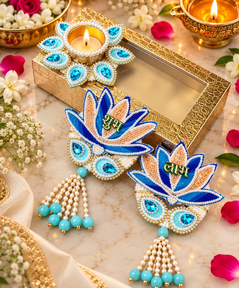 Shubh Labh tealight holder gift hamper with decorative box for Diwali gifting