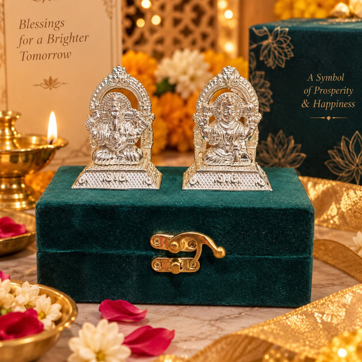 Silver Ganesha Lakshmi idol set in velvet box for Diwali gift and pooja