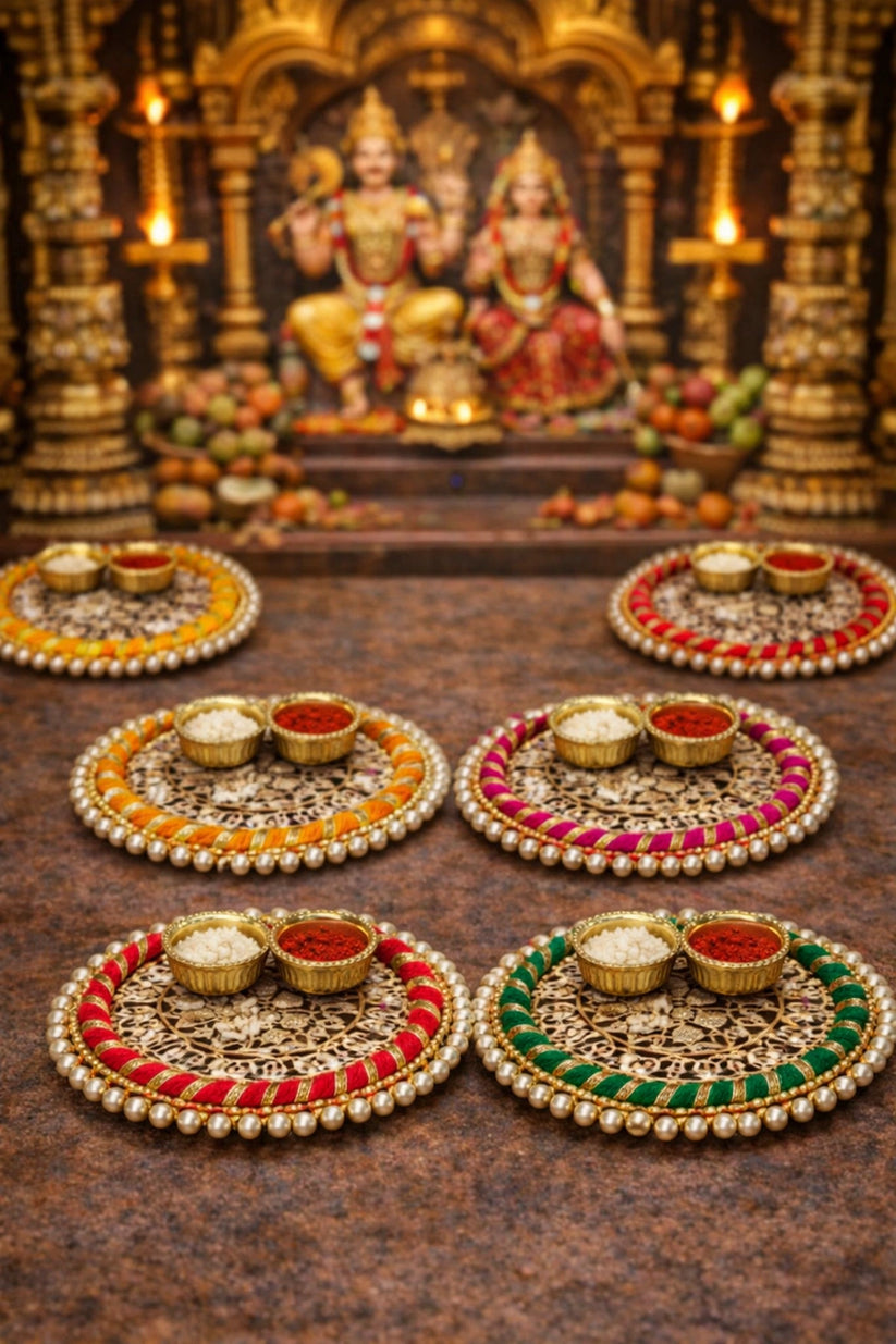 Small metal roli chawal thali used for tilak ceremony and pooja rituals