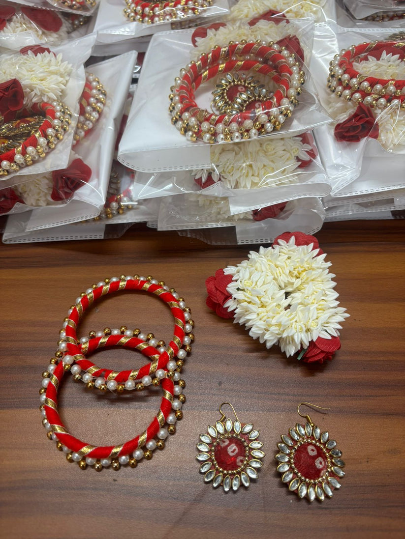 Traditional floral gajra with stud earrings gift hamper for weddings and festivals