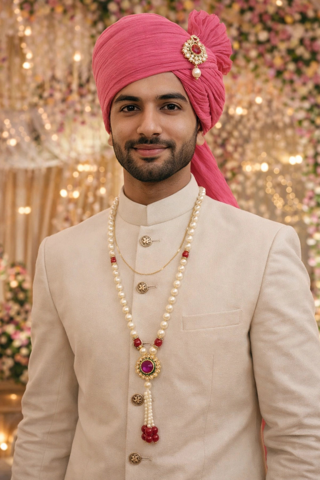 Indian pearl necklace with red stone kundan pendant close view