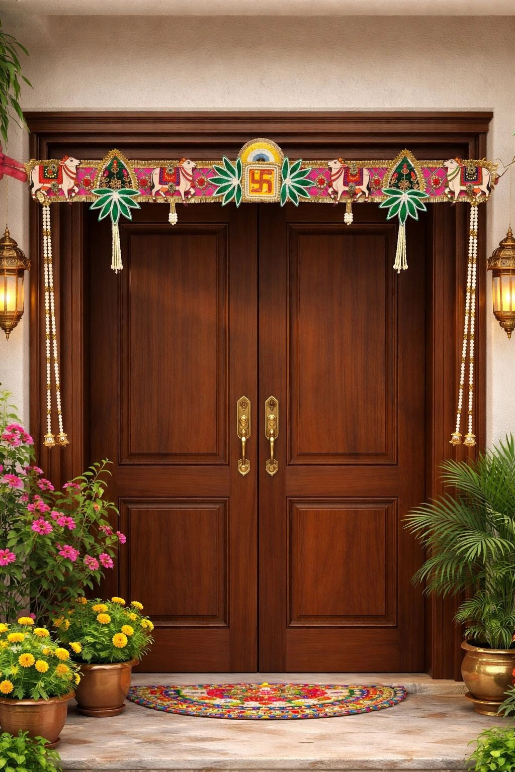 Traditional cow banderwal toran with Swastik and pearl tassels for Diwali main door decoration