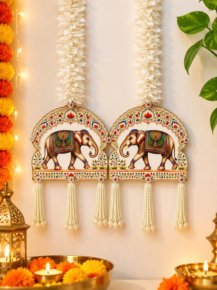 Traditional elephant hanging pair with pearl tassels for Diwali door and wall decoration