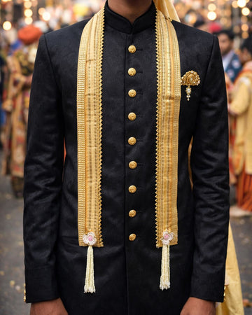Traditional Indian groom phatka with pearl hanging worn for wedding ceremony