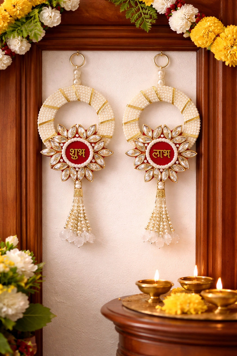Kundan Shubh Labh pair for home entrance decor with traditional Indian design