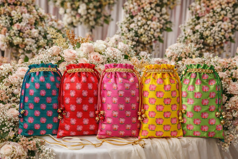Traditional lotus print potli bag 7x9 inch used for wedding favors and return gifts