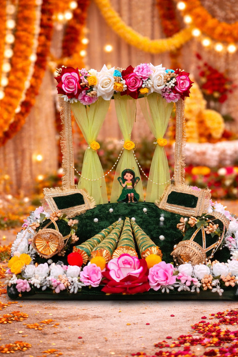 Traditional mehndi decor setup for Indian wedding function with vibrant colors