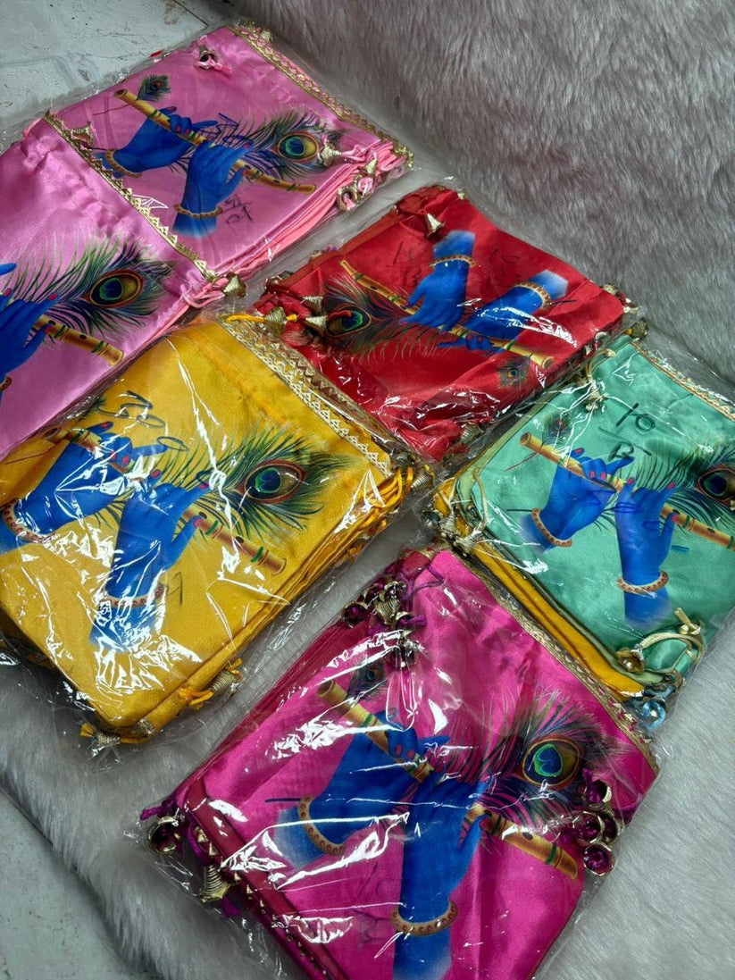 Traditional Murli print fabric potli bag used for mehndi, haldi and bridal giveaways