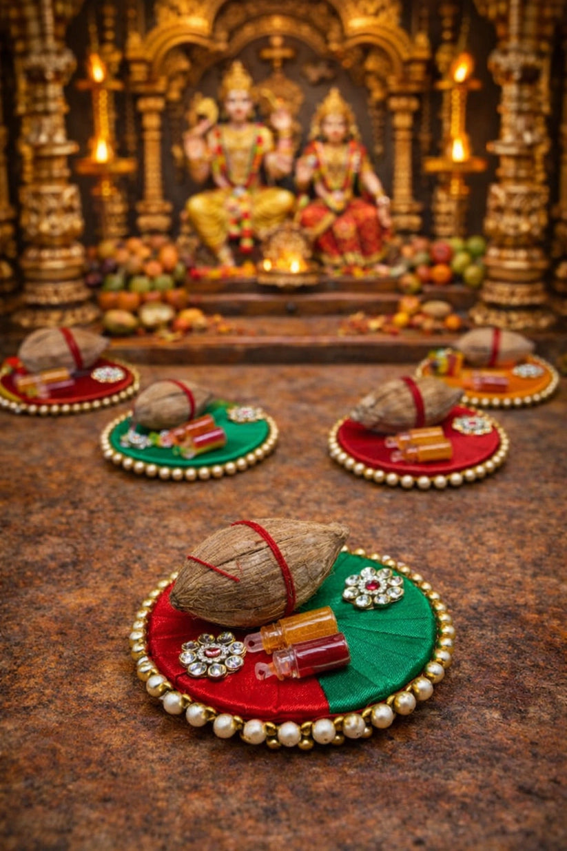 Traditional nariyal platter with haldi kumkum used for pooja rituals, weddings and religious ceremonies